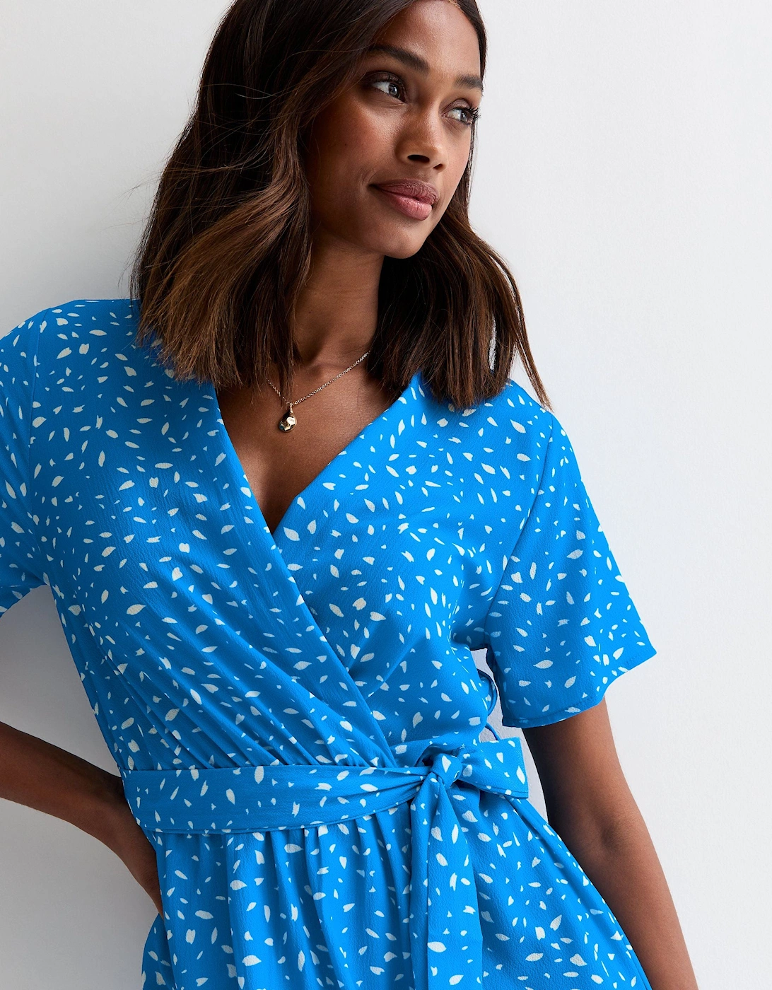 Blue Animal Print Wrap Midi Dress