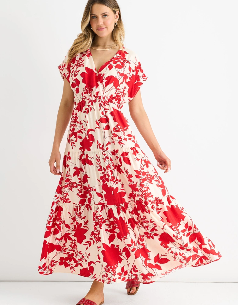 Red Floral Elastic Waist Maxi Dress