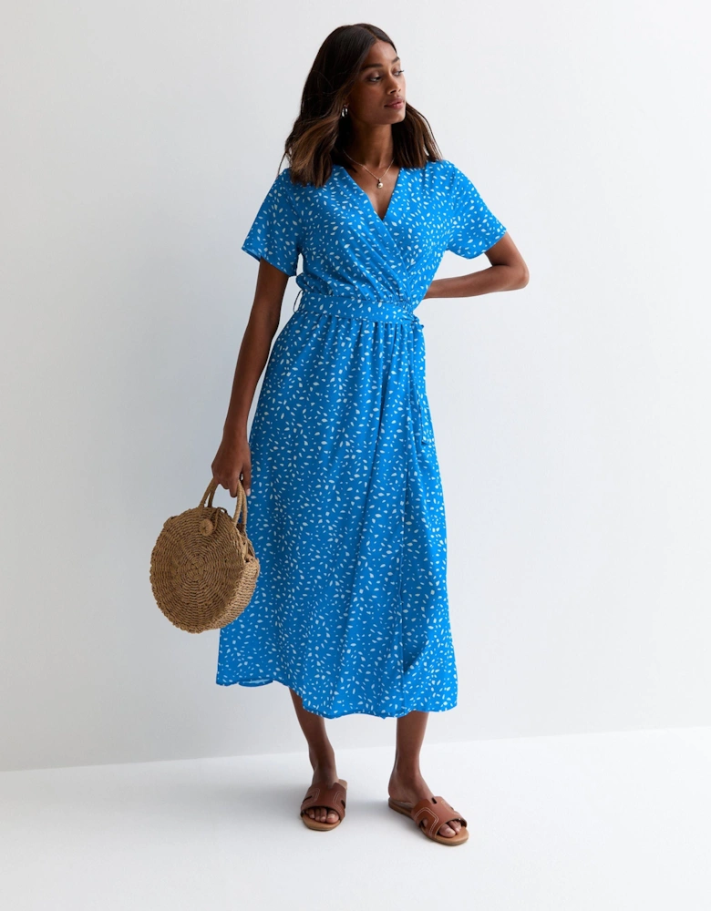 Blue Animal Print Wrap Midi Dress
