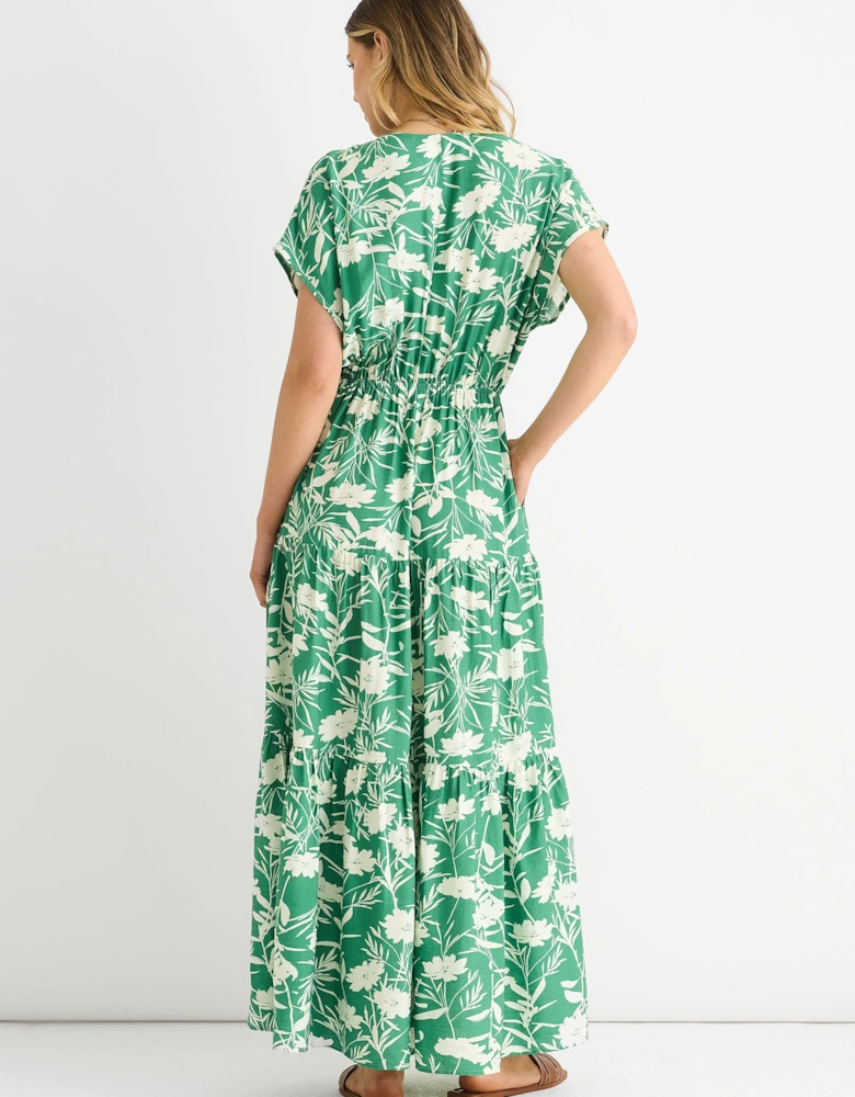 Green Floral Elastic Waist Maxi Dress