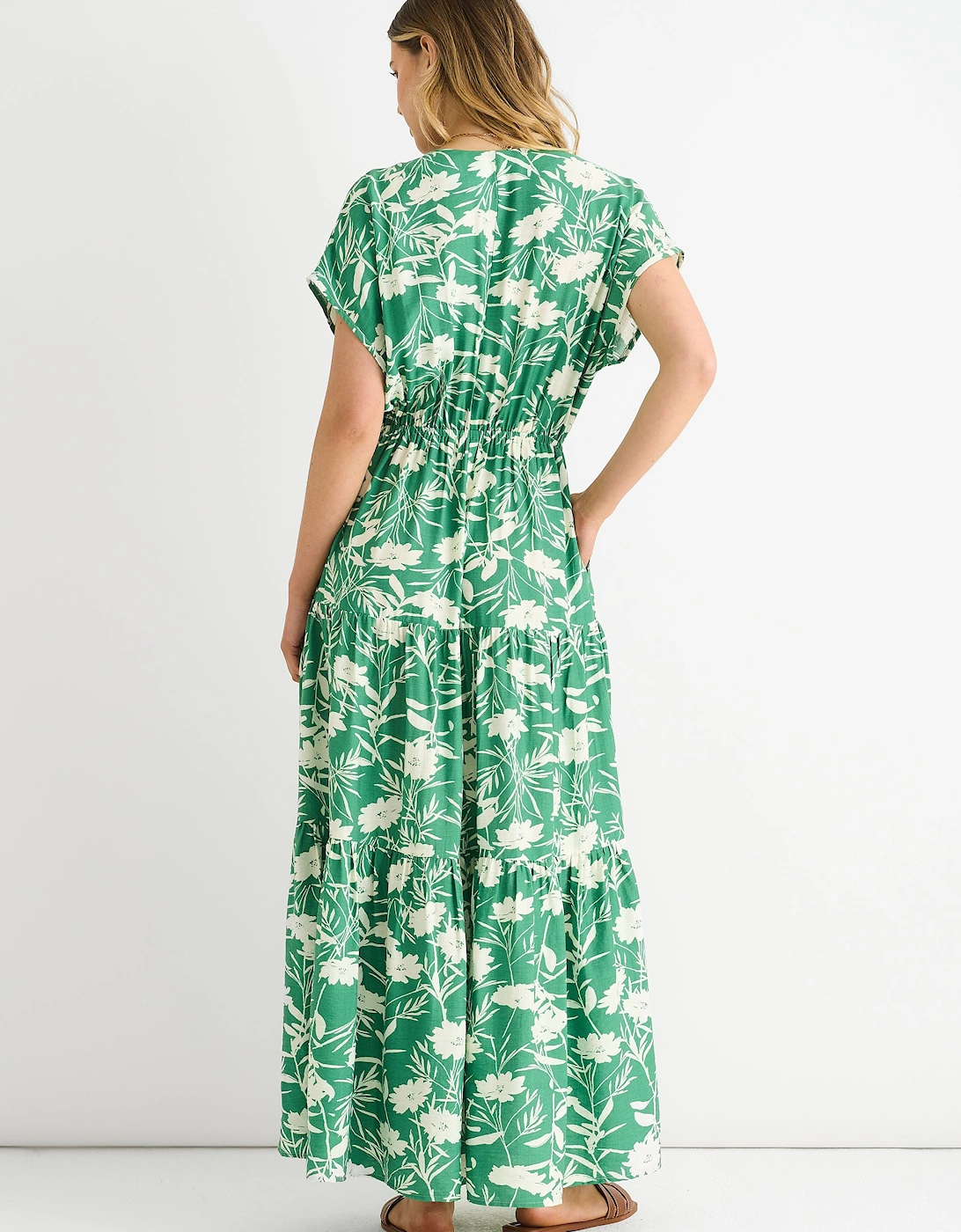 Green Floral Elastic Waist Maxi Dress