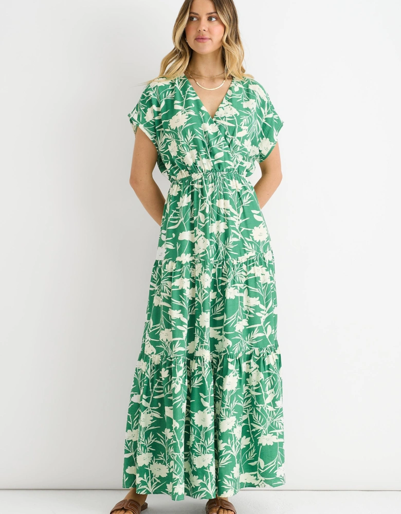 Green Floral Elastic Waist Maxi Dress