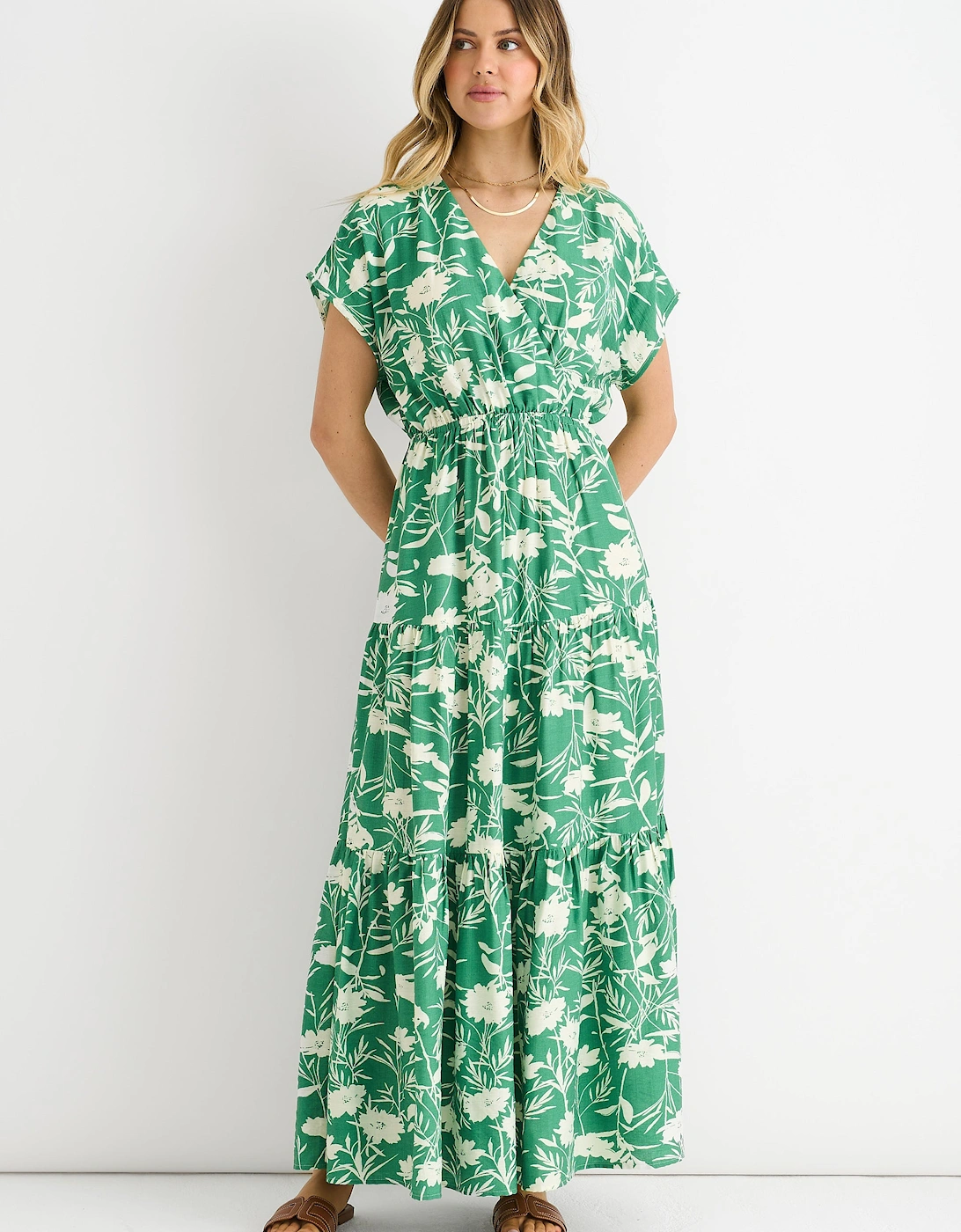 Gini London Women's Green Floral Elastic Waist Maxi Dress - Size: 16