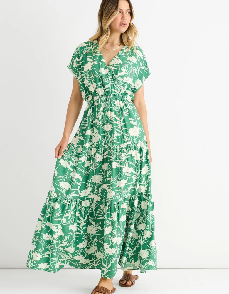 Green Floral Elastic Waist Maxi Dress