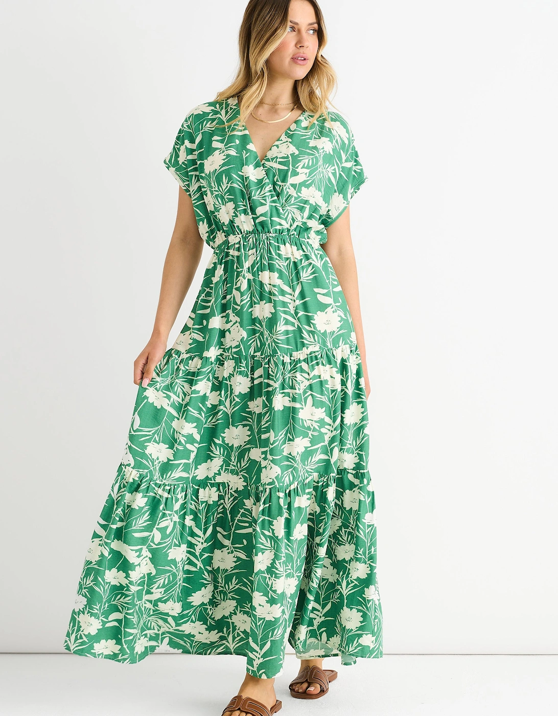 Green Floral Elastic Waist Maxi Dress