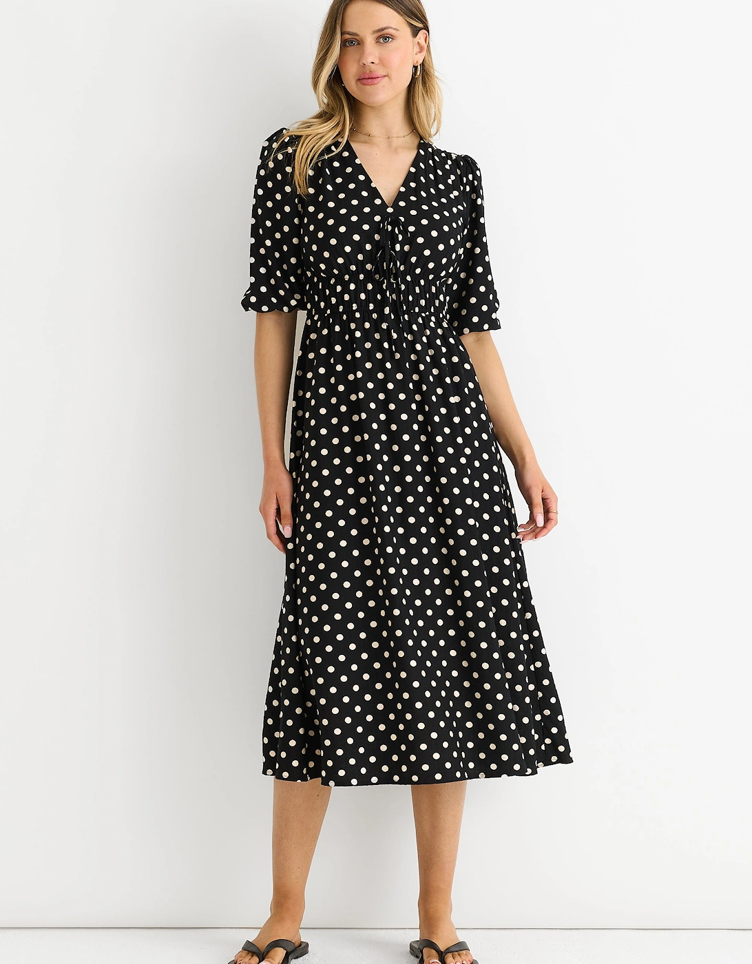 Black Spot Print Shirred Waist Shift Midi Dress, 5 of 4