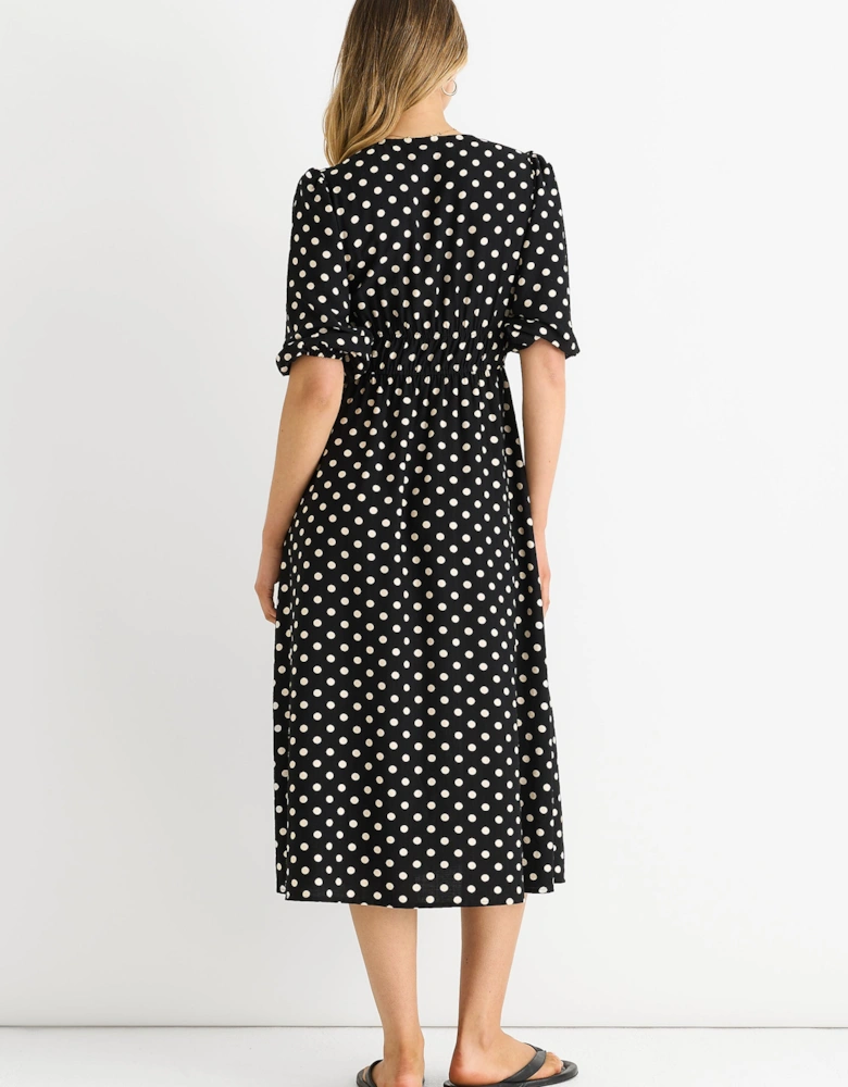 Black Spot Print Shirred Waist Shift Midi Dress