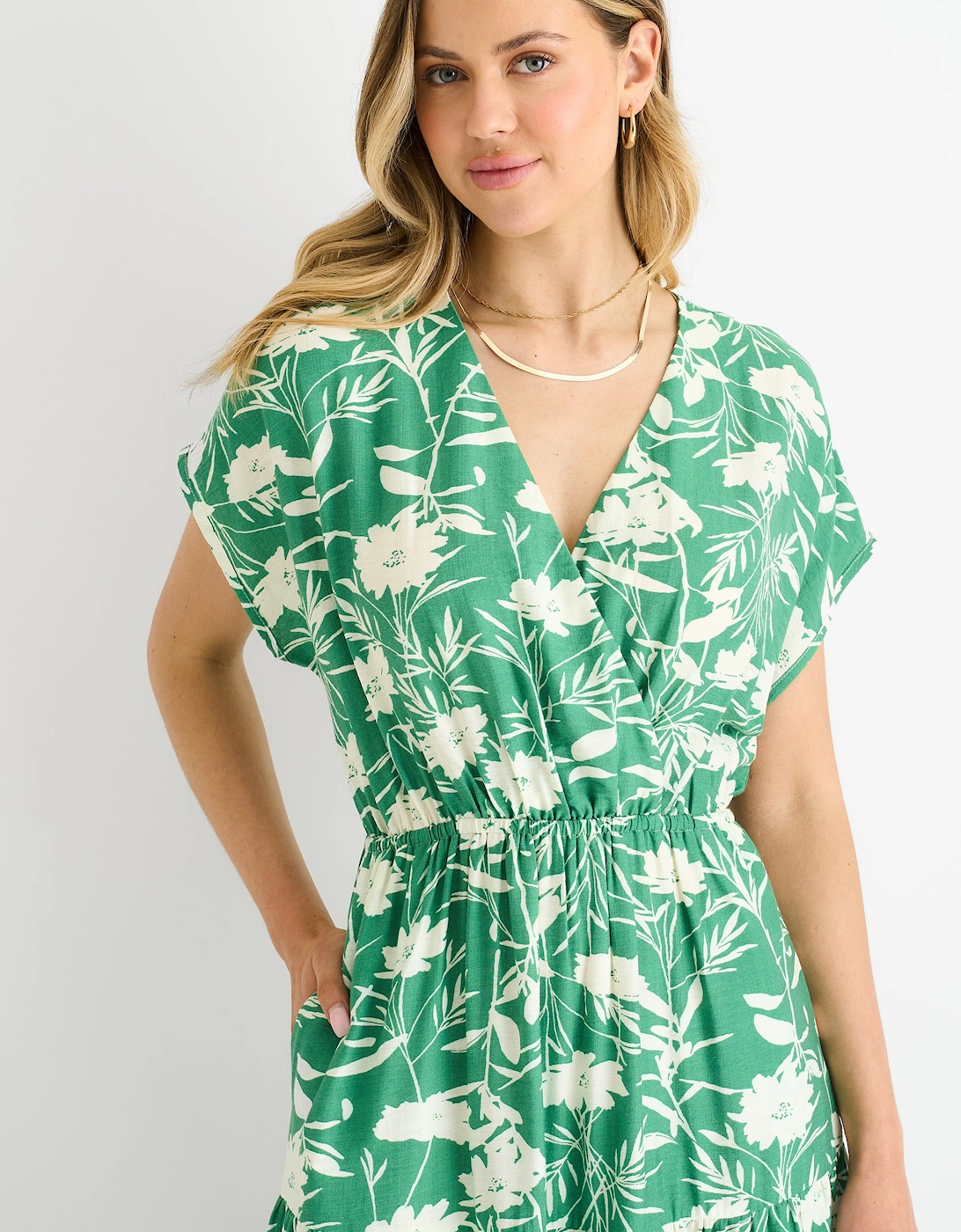 Green Floral Elastic Waist Maxi Dress