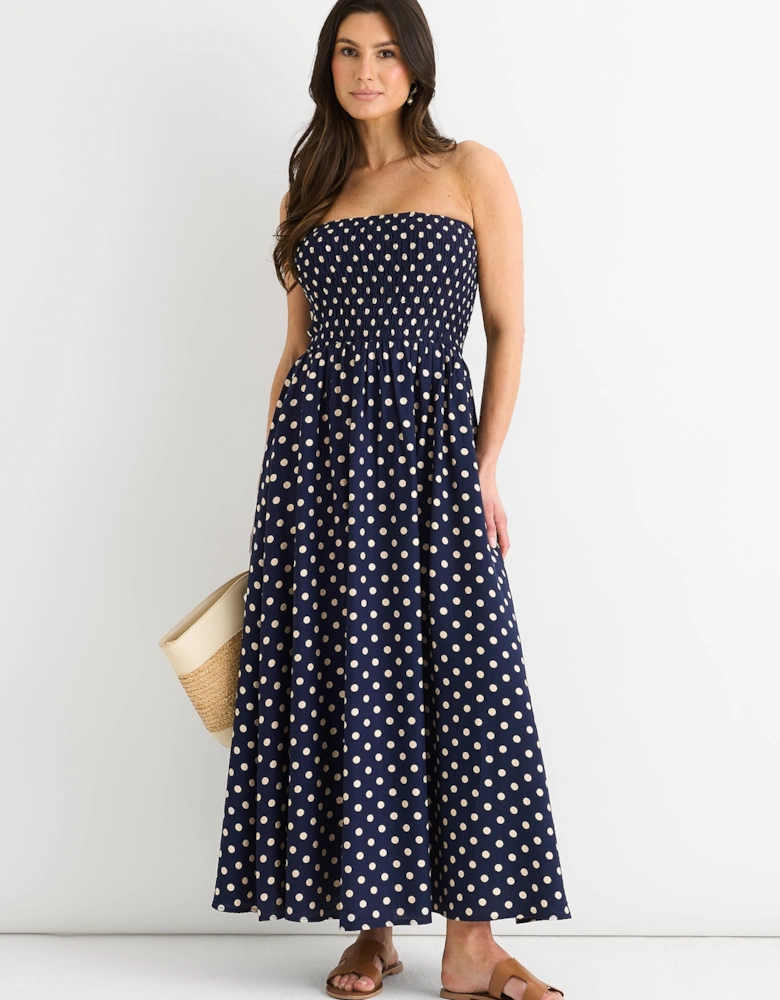 Navy Shirred Top Viscose Spot Midi Dress