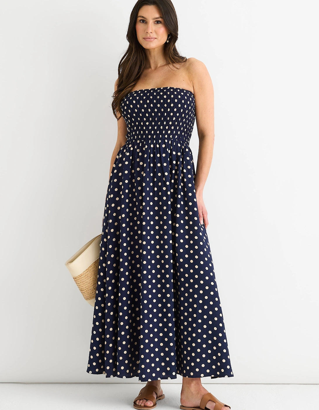 Navy Shirred Top Viscose Spot Midi Dress, 5 of 4