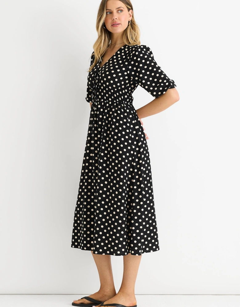 Black Spot Print Shirred Waist Shift Midi Dress
