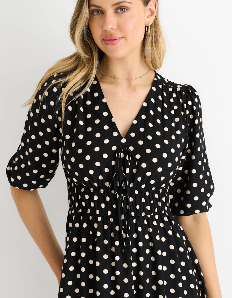 Black Spot Print Shirred Waist Shift Midi Dress
