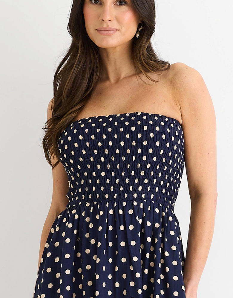 Navy Shirred Top Viscose Spot Midi Dress