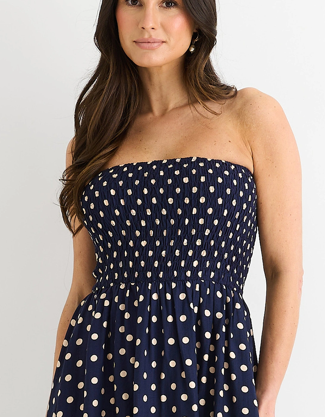 Navy Shirred Top Viscose Spot Midi Dress