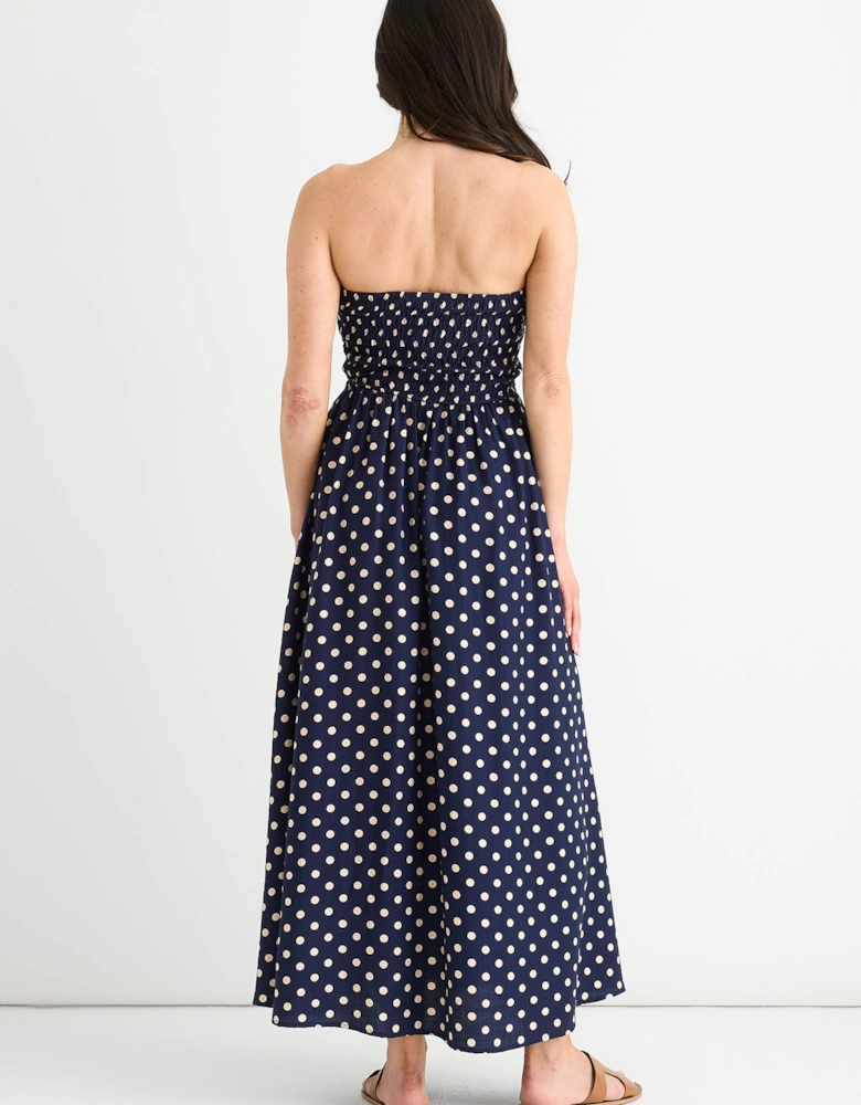 Navy Shirred Top Viscose Spot Midi Dress