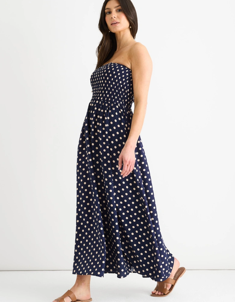 Navy Shirred Top Viscose Spot Midi Dress