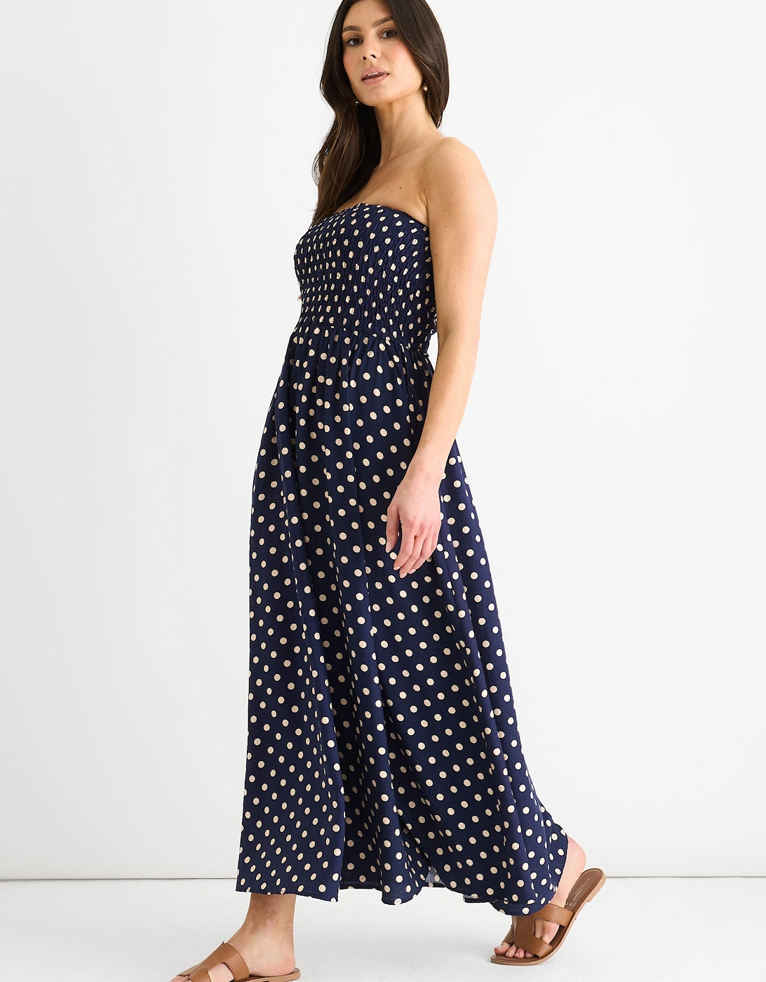 Navy Shirred Top Viscose Spot Midi Dress