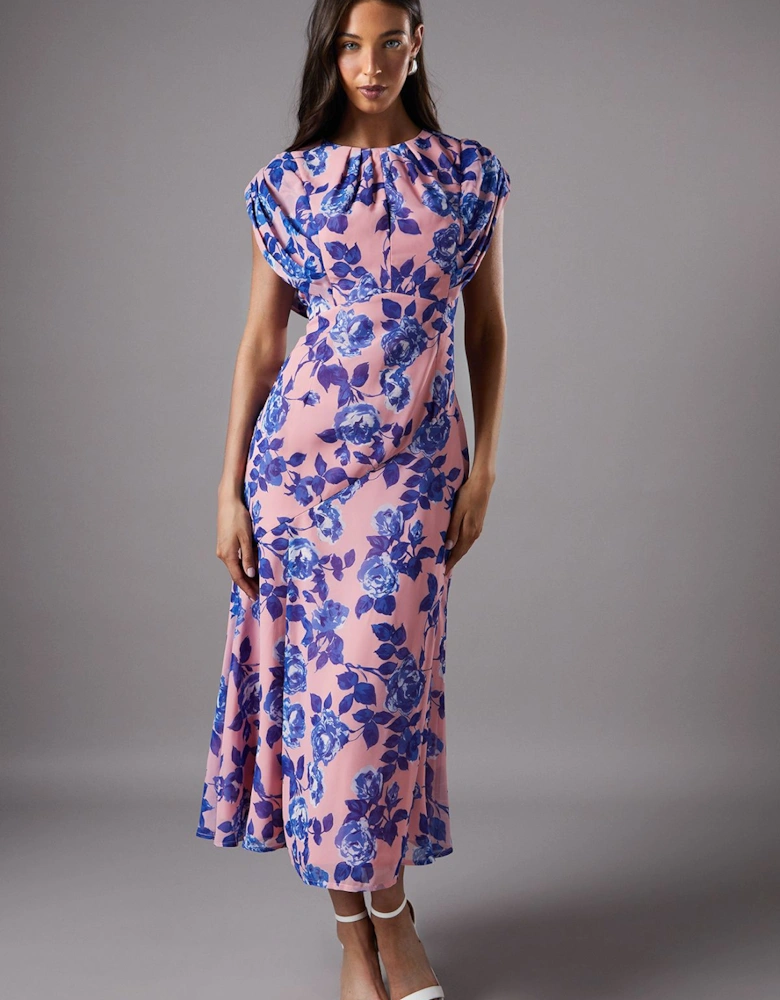 Cap Sleeve Floral Chiffon Midi Dress