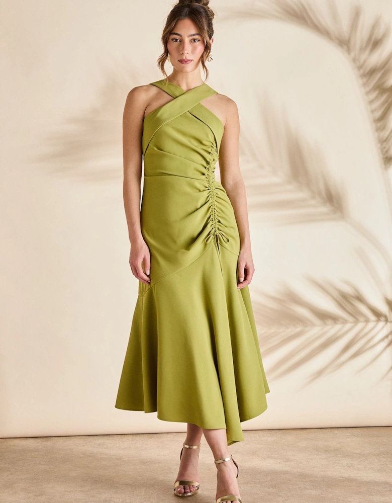 Halter Gathered Side Midi Dress