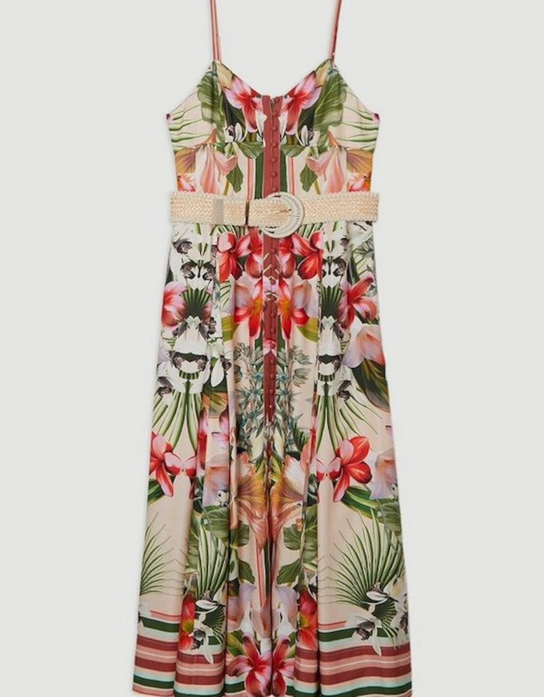 Mirrored Viscose Linen Floral Print Woven Maxi Dress With Raffia Belt