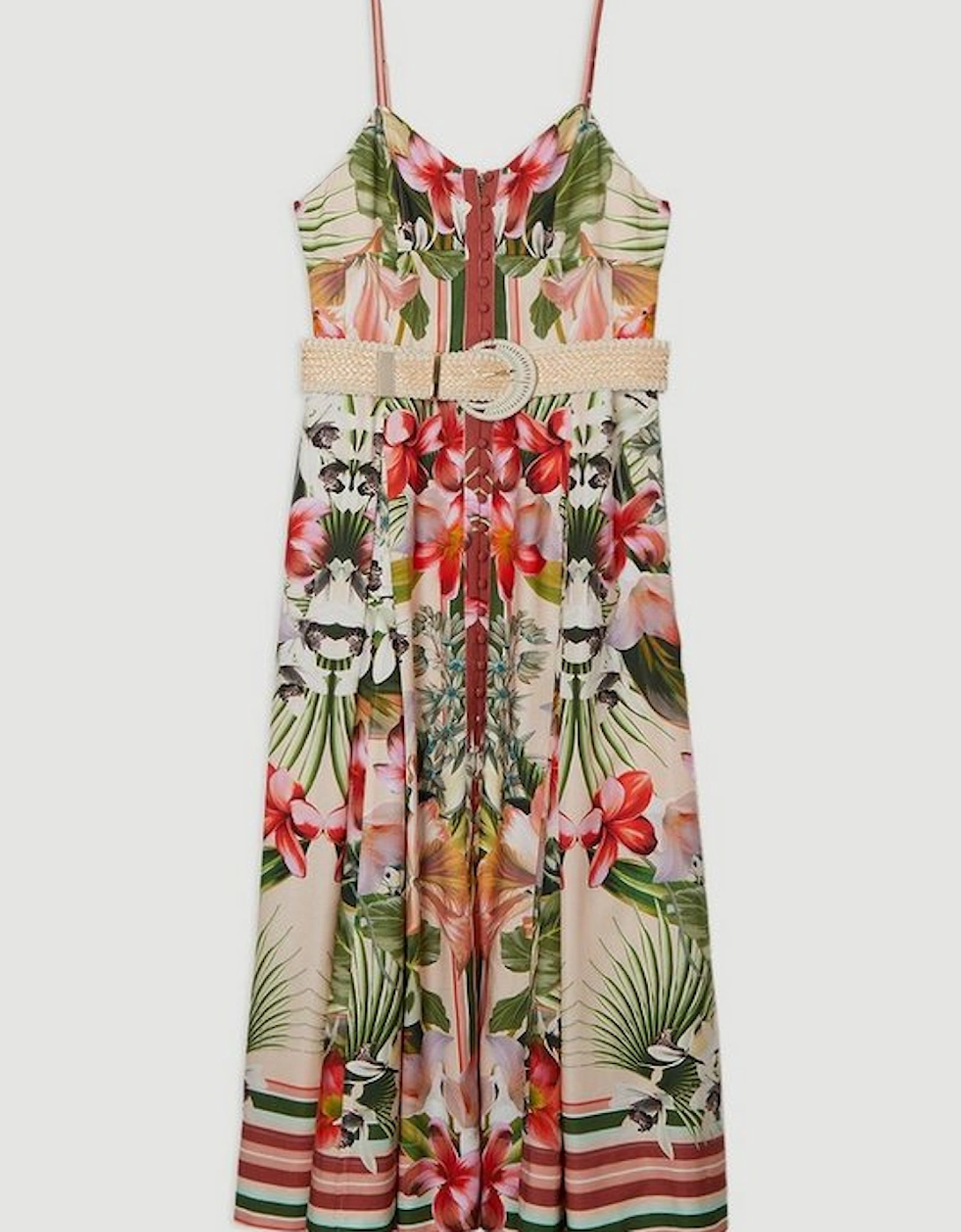 Mirrored Viscose Linen Floral Print Woven Maxi Dress With Raffia Belt