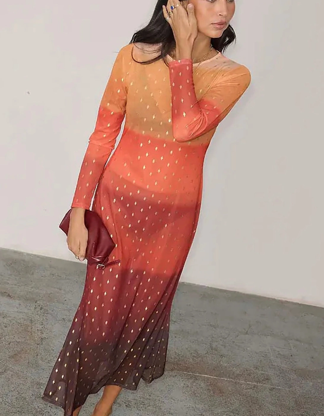 Orange sunset mesh dress in petite length, 4 of 3