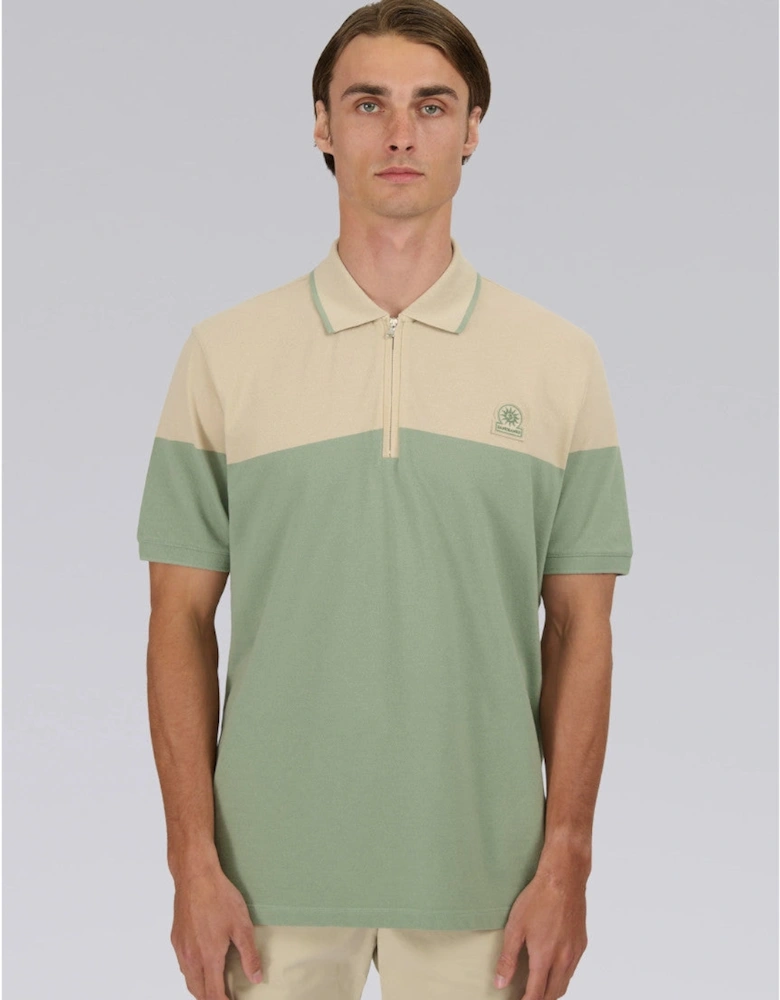 Colour Block Zip Polo Shirt Sage