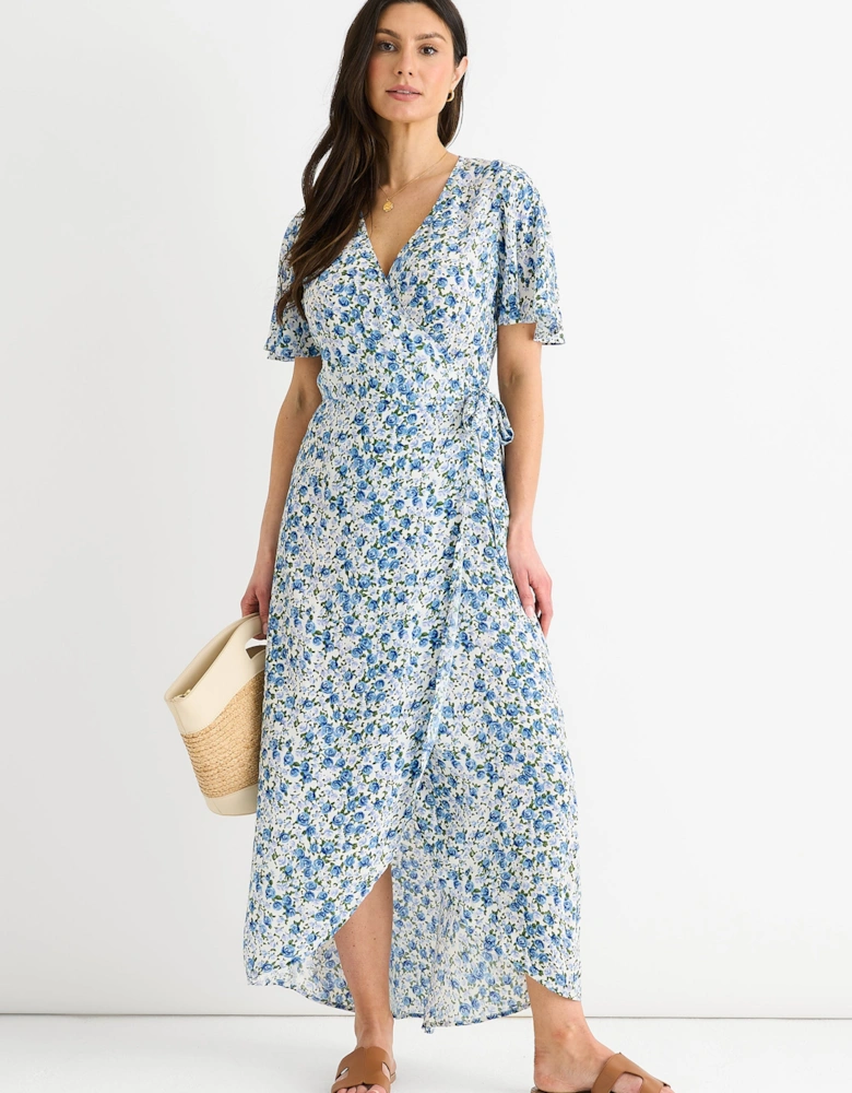 Blue Floral Wrap Midi Dress
