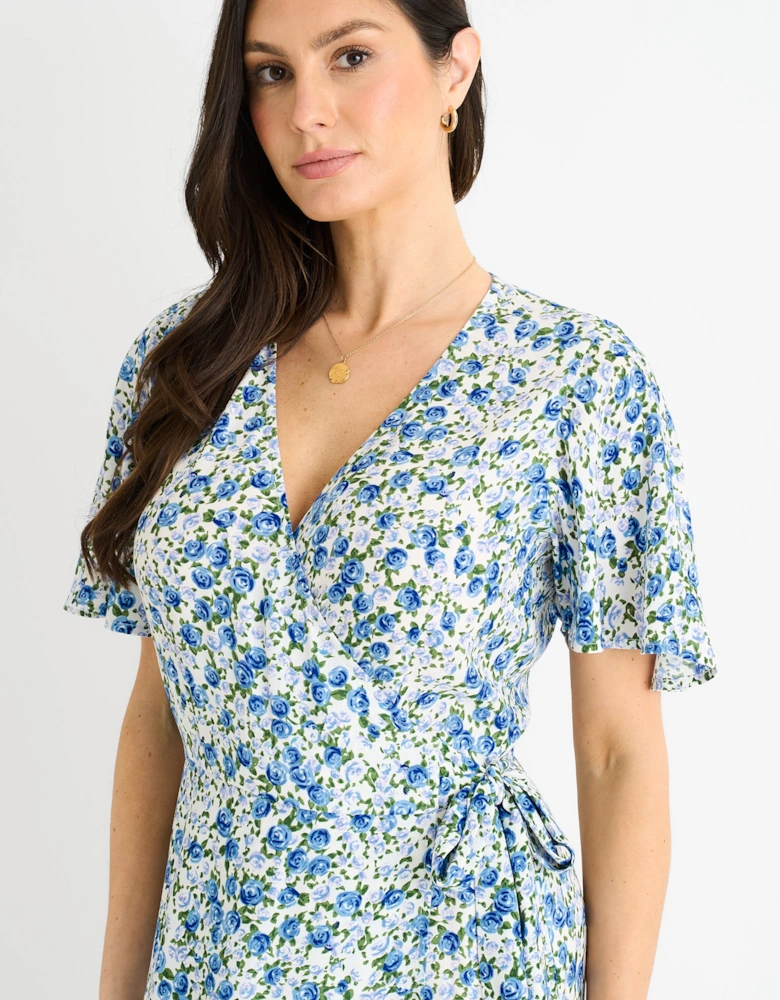 Blue Floral Wrap Midi Dress