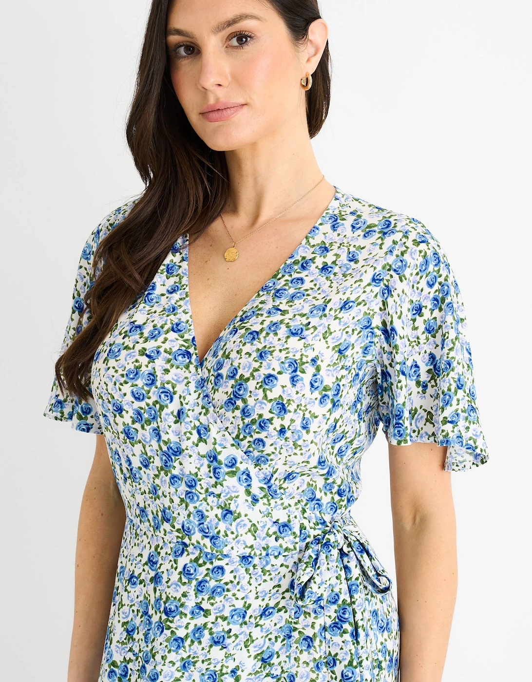 Blue Floral Wrap Midi Dress