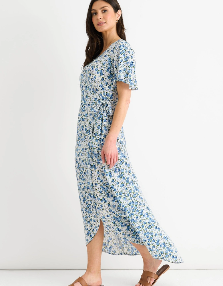 Blue Floral Wrap Midi Dress