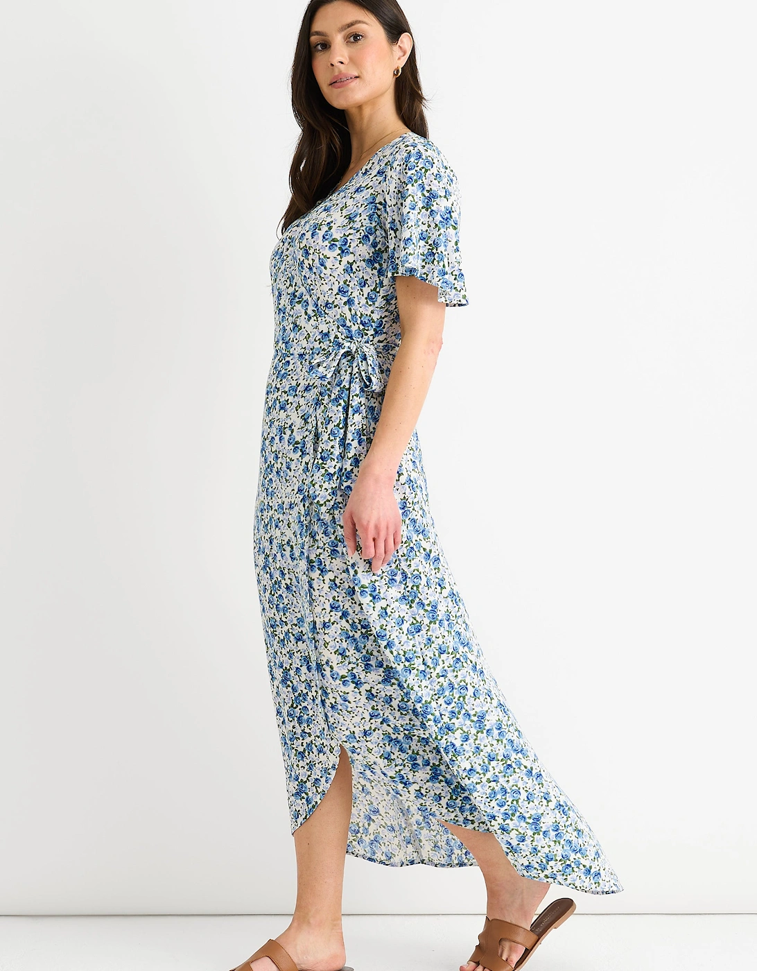 Blue Floral Wrap Midi Dress