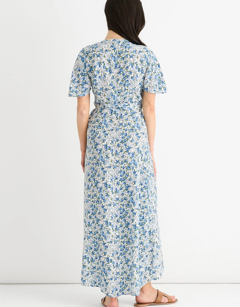 Blue Floral Wrap Midi Dress