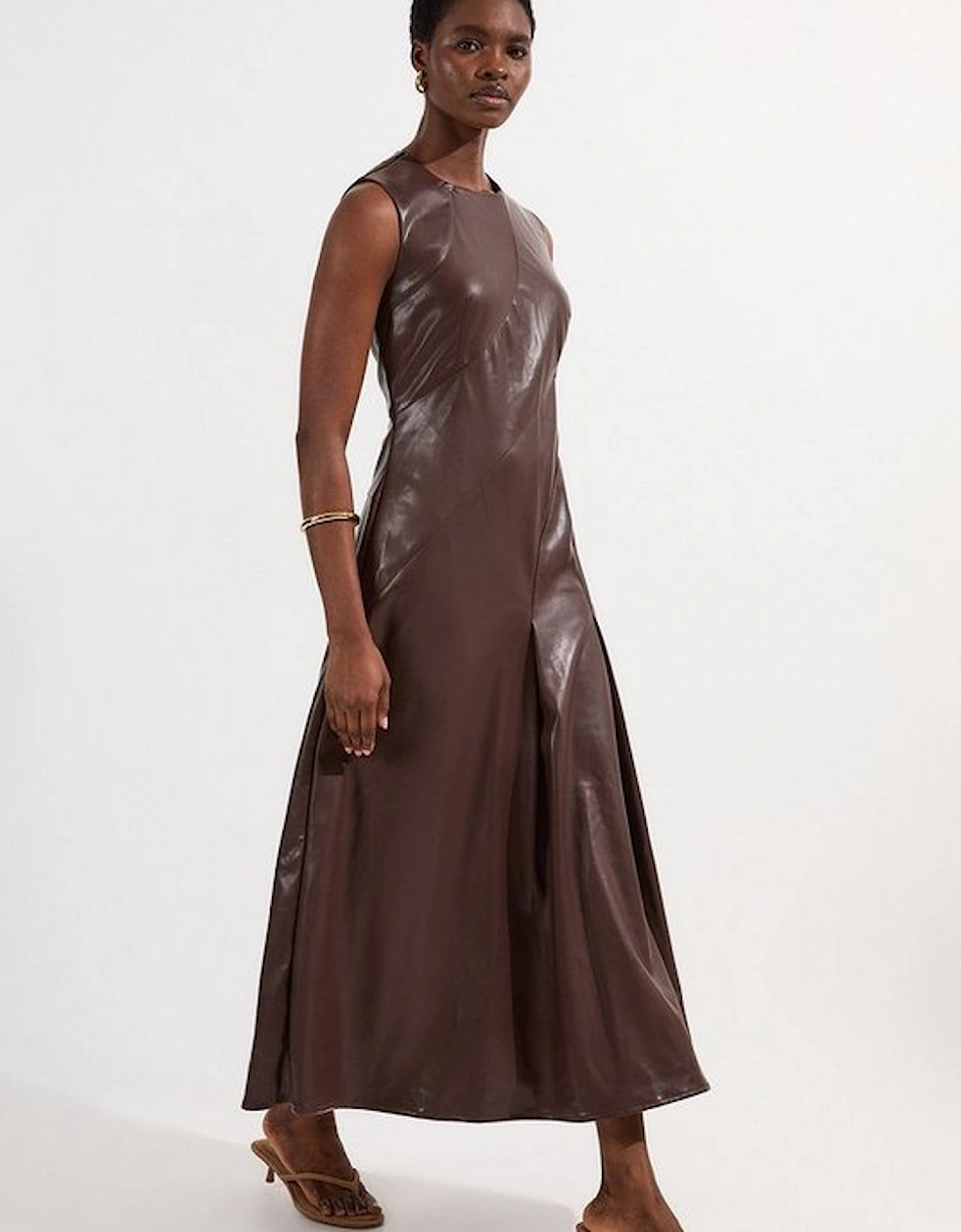 Faux Leather Seam Detail Full Midi Dress, 5 of 4
