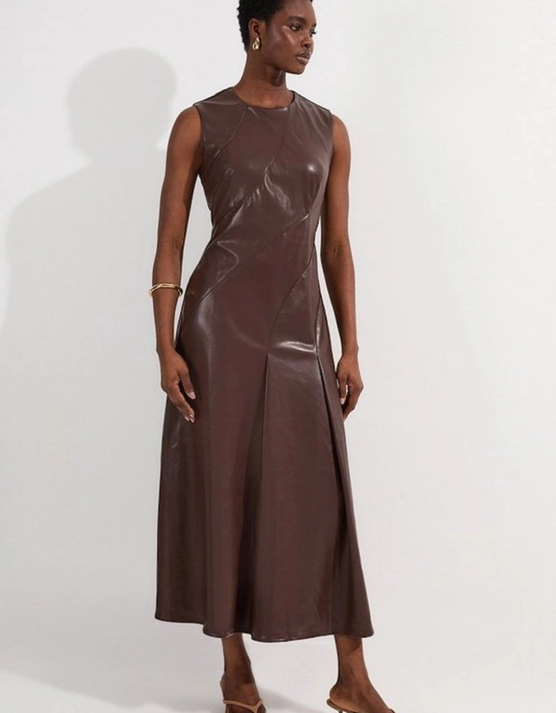 Faux Leather Seam Detail Full Midi Dress
