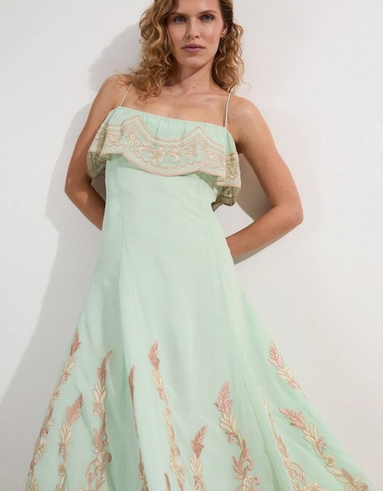 Embroidered Applique Strappy Midi Dress