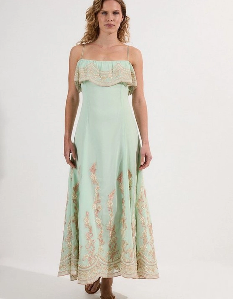 Embroidered Applique Strappy Midi Dress