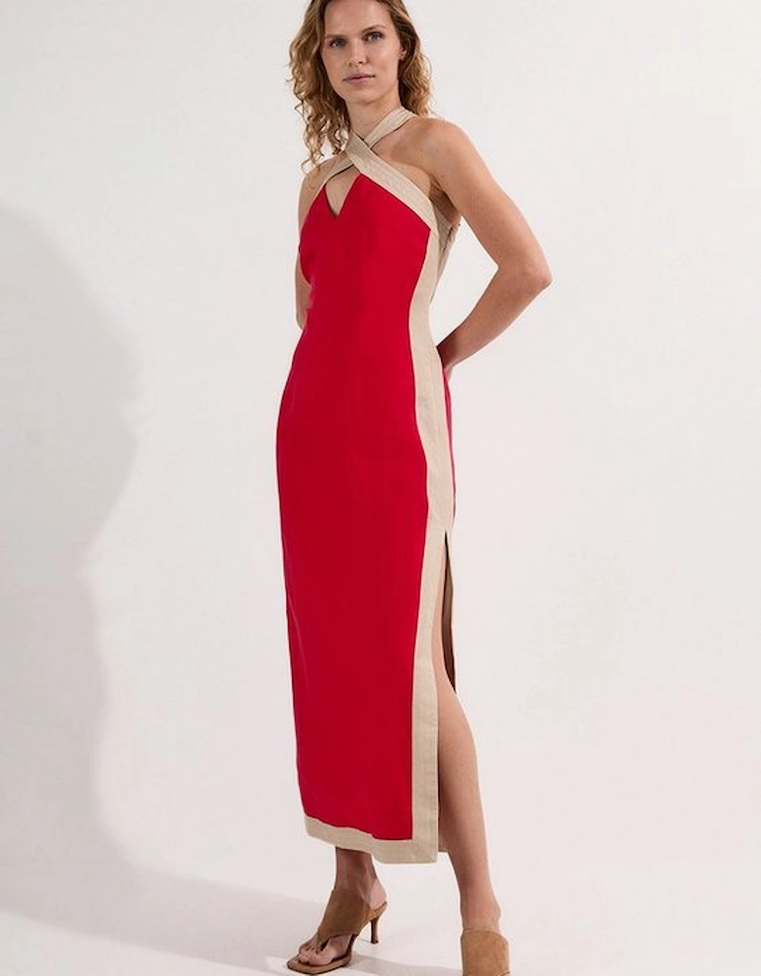 Contrast Linen Halter Neck Woven Maxi Dress, 5 of 4
