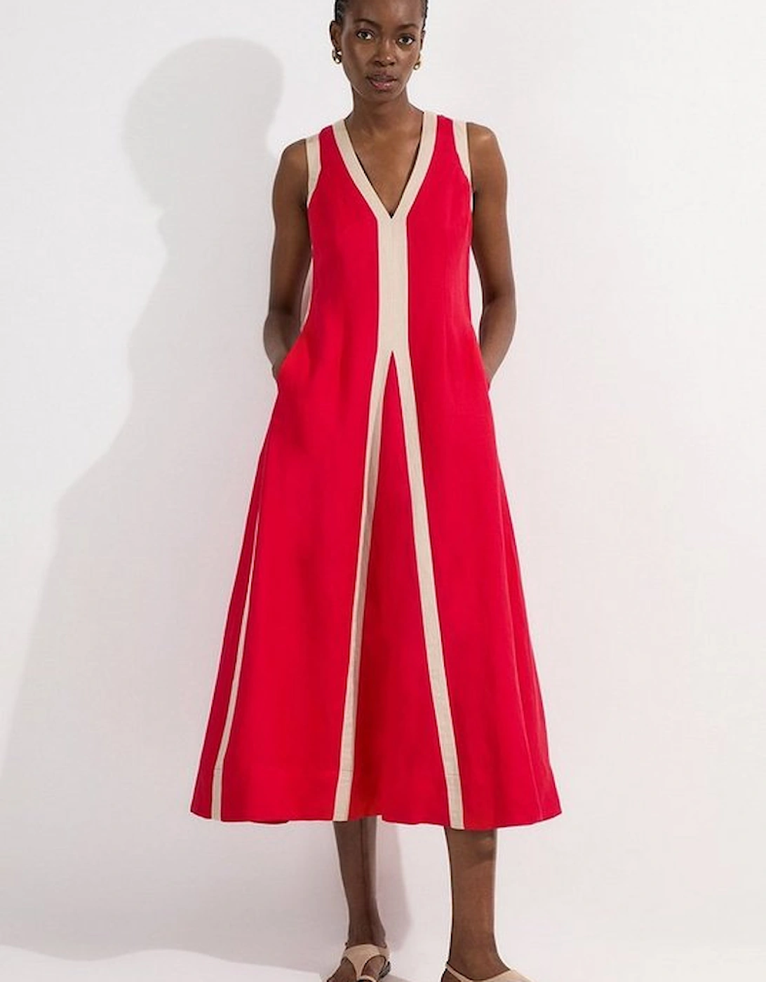 Petite Contrast Linen Plunge Neck Woven Maxi Dress, 5 of 4