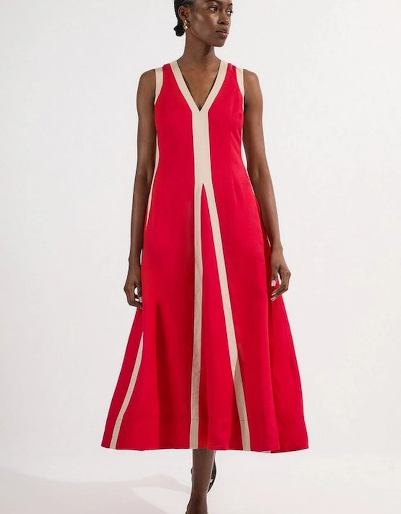 Petite Contrast Linen Plunge Neck Woven Maxi Dress