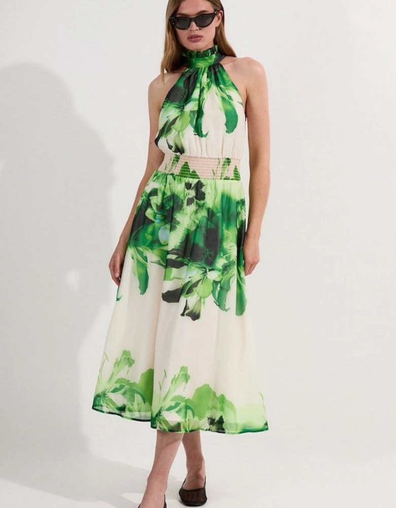 Floral Organdie Woven Belted Halterneck Maxi Dress