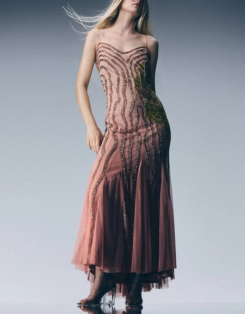 Digital Ophelia Ombre Beaded Strapless Woven Maxi Dress