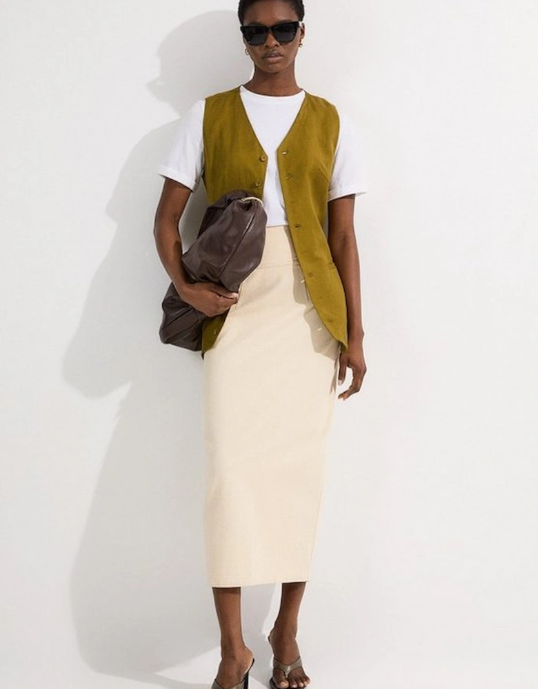 Corset Waist Denim Midi Skirt