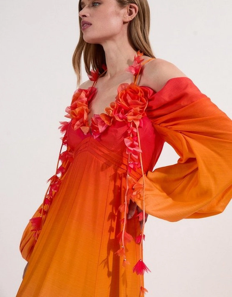 Ombre Applique Printed Cold Shoulder Woven Maxi Dress