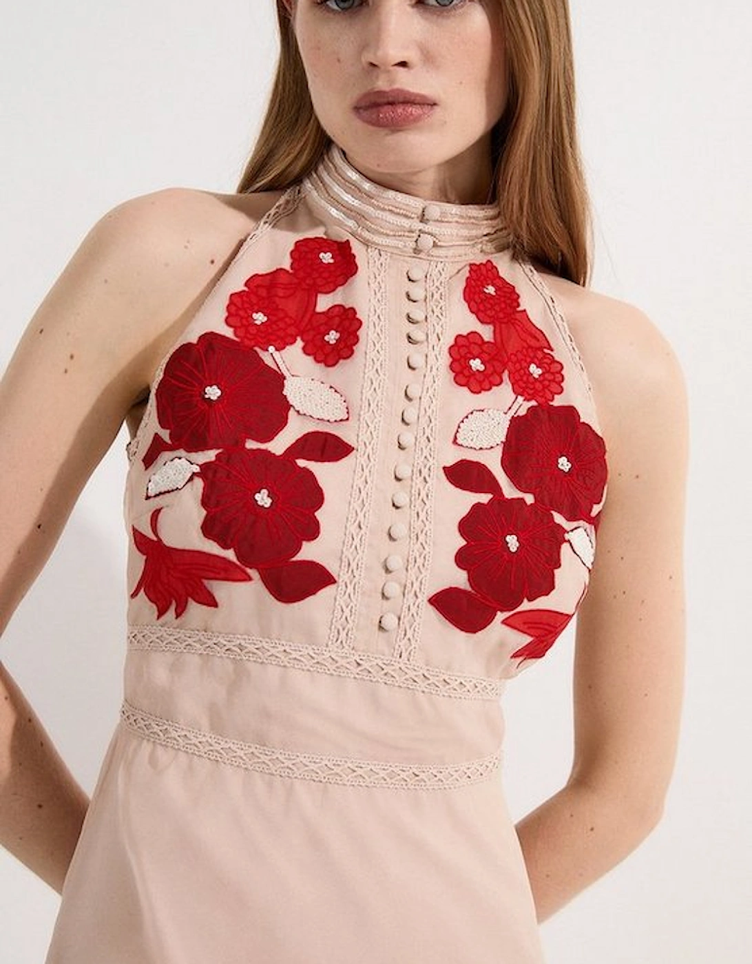 Applique Organdie Buttoned Halter Neck Maxi Dress