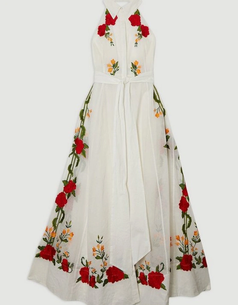 Applique Organdie Buttoned Halter Neck Maxi Dress