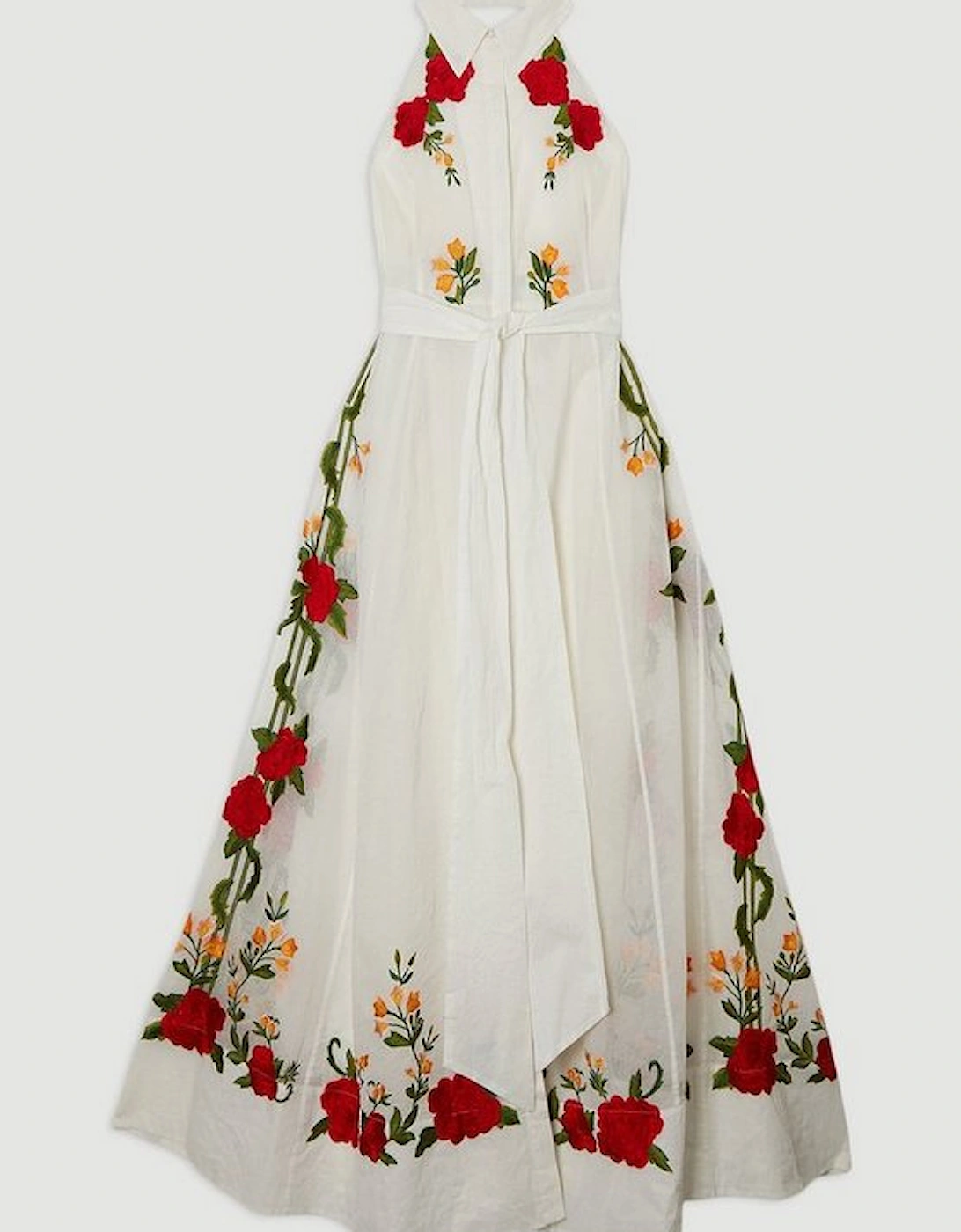 Applique Organdie Buttoned Halter Neck Maxi Dress