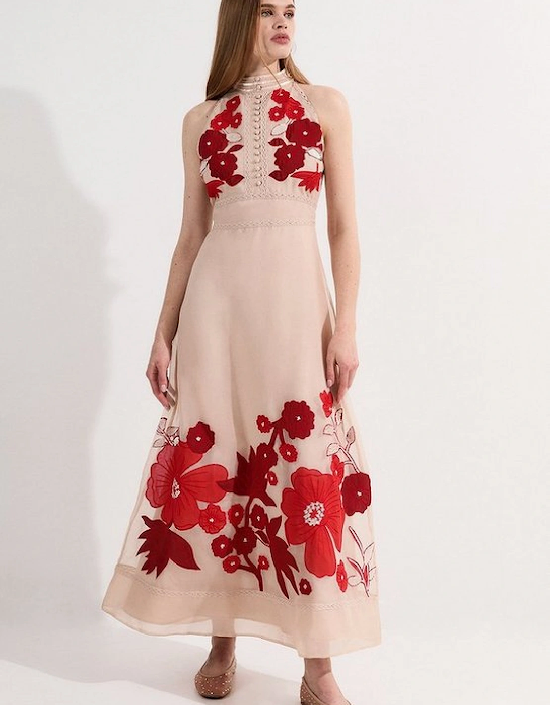 Applique Organdie Buttoned Halter Neck Maxi Dress