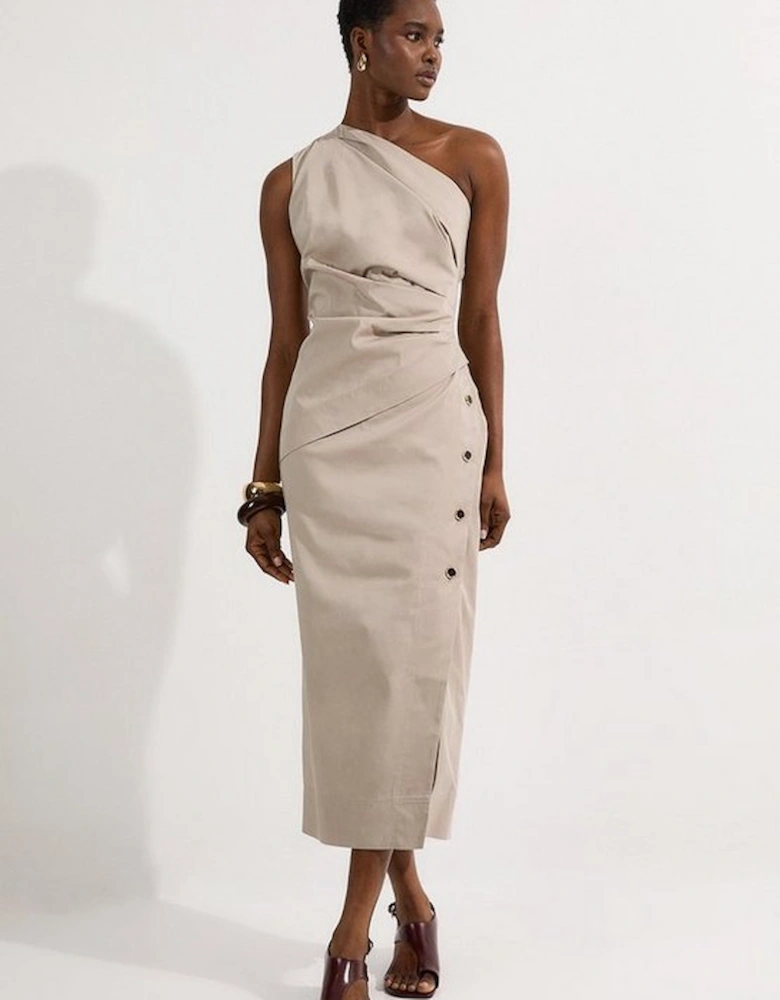 Tailored Polished Cotton Asymmetric Drape Pencil Dress