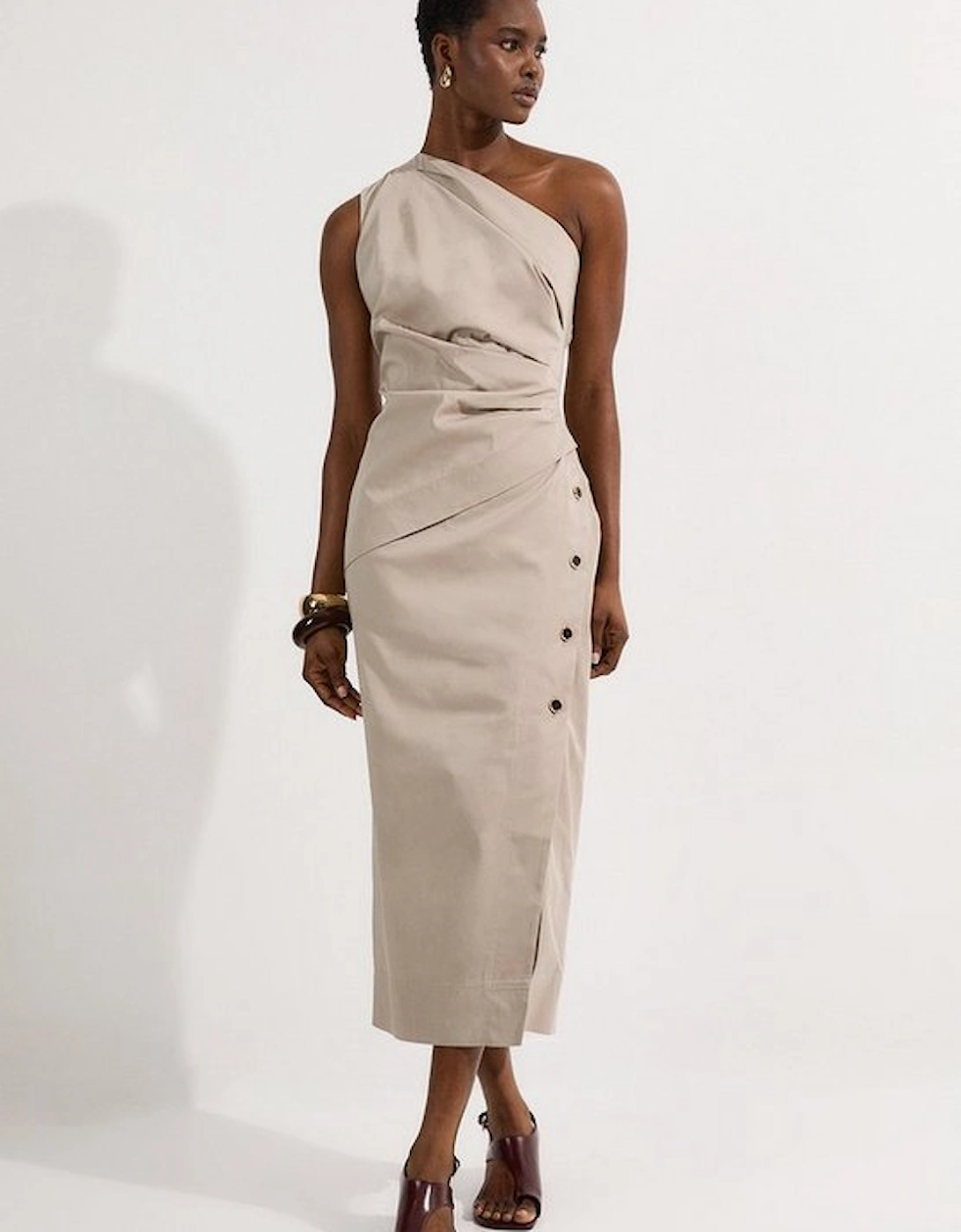 Tailored Polished Cotton Asymmetric Drape Pencil Dress, 5 of 4